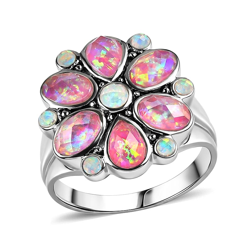 Sajen Silver Simulated Pink Opal Doublet Quartz 3.40 ctw Ring in Rhodium Over Sterling Silver (Size 6.0)