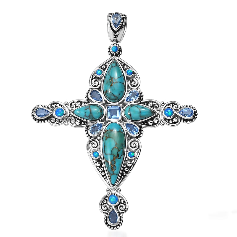 Sajen Silver Recon Turquoise and Multi Gemstone 11.00 ctw Pendant without Chain in Rhodium Over Sterling Silver