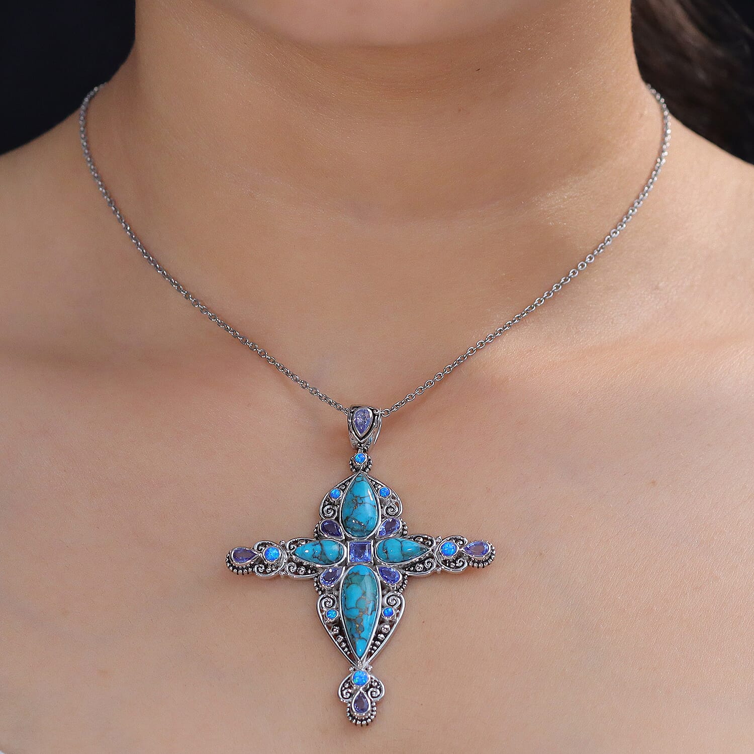 Sajen Silver Recon Turquoise and Multi Gemstone 11.00 ctw Pendant without Chain in Rhodium Over Sterling Silver