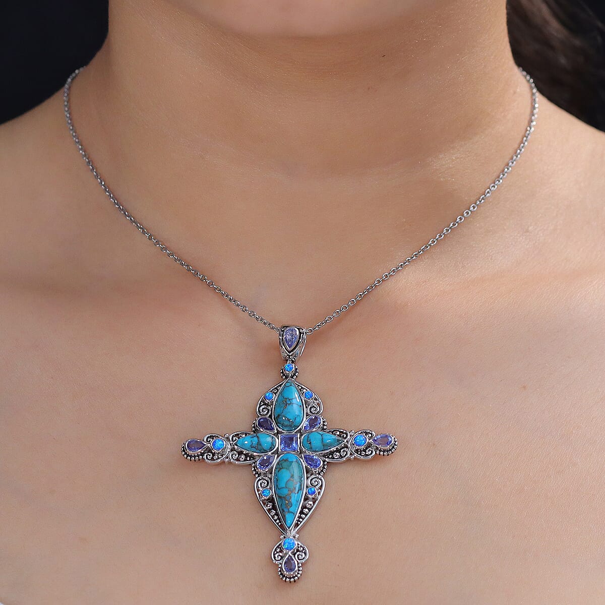 Sajen Silver Recon Turquoise and Multi Gemstone 11.00 ctw Pendant without Chain in Rhodium Over Sterling Silver image number 2