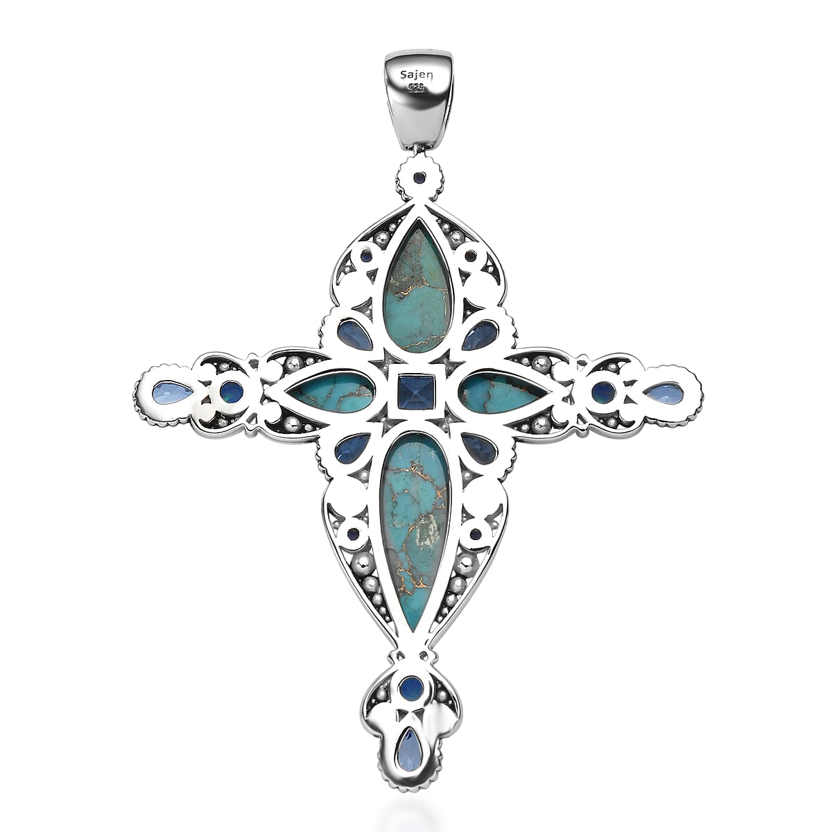 Sajen Silver Recon Turquoise and Multi Gemstone 11.00 ctw Pendant without Chain in Rhodium Over Sterling Silver image number 4