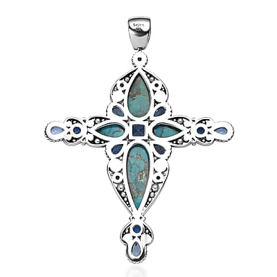 Sajen Silver Recon Turquoise and Multi Gemstone 11.00 ctw Pendant without Chain in Rhodium Over Sterling Silver