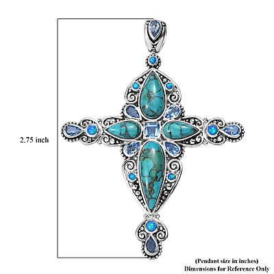 Sajen Silver Recon Turquoise and Multi Gemstone 11.00 ctw Pendant without Chain in Rhodium Over Sterling Silver
