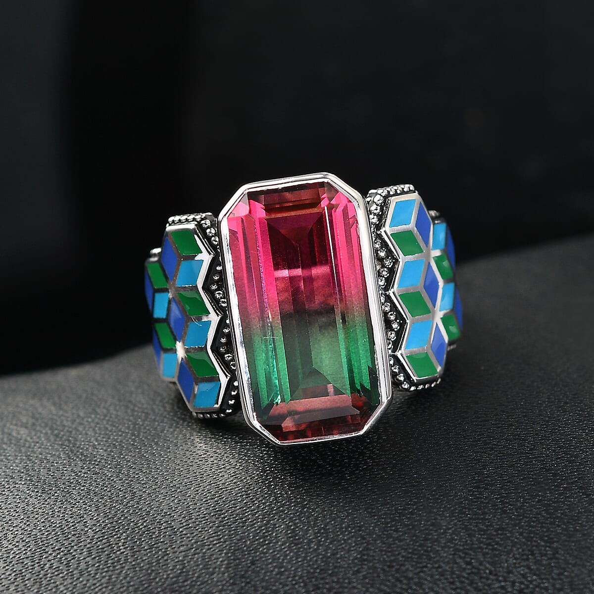 Sajen Silver Celestial Bi-Color Watermelon Doublet Quartz 9.30 ctw Ring in Rhodium Over Sterling Silver (Size 10.0) image number 1