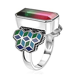 Sajen Silver Celestial Bi-Color Watermelon Doublet Quartz 9.30 ctw Ring in Rhodium Over Sterling Silver (Size 10.0)