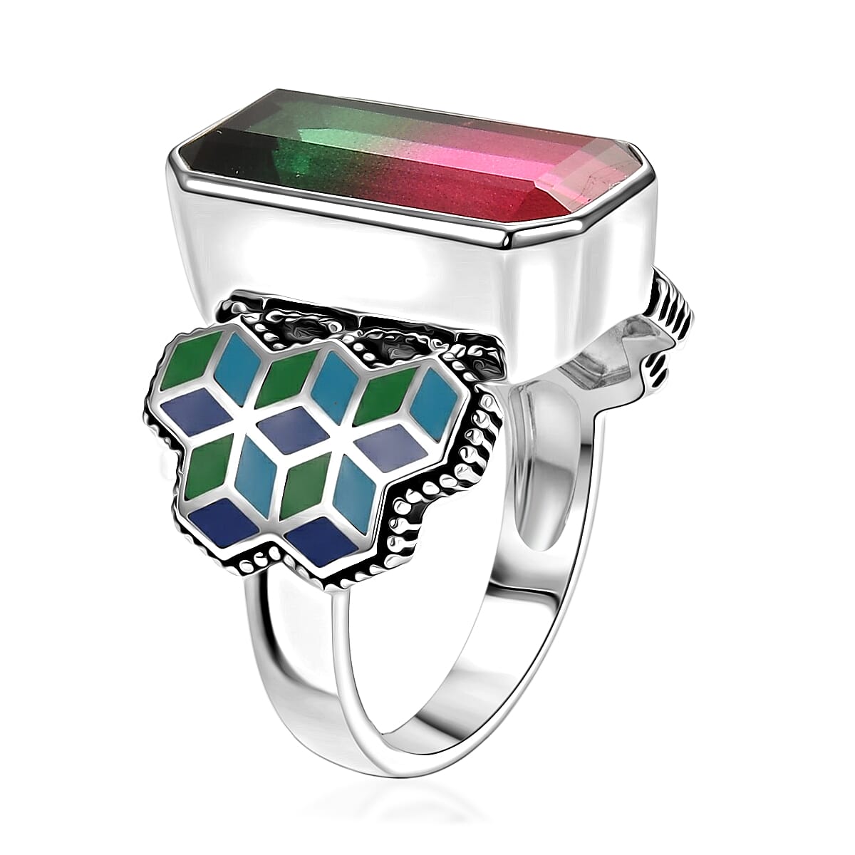 Sajen Silver Celestial Bi-Color Watermelon Doublet Quartz 9.30 ctw Ring in Rhodium Over Sterling Silver (Size 6.0)