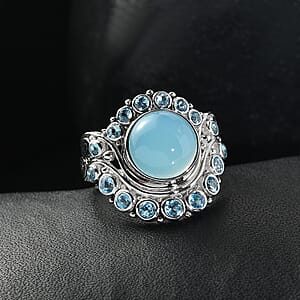 Sajen Silver Paraiba Agate and Swiss Blue Topaz 5.10 ctw Ring in Rhodium Over Sterling Silver (Size 10.0)