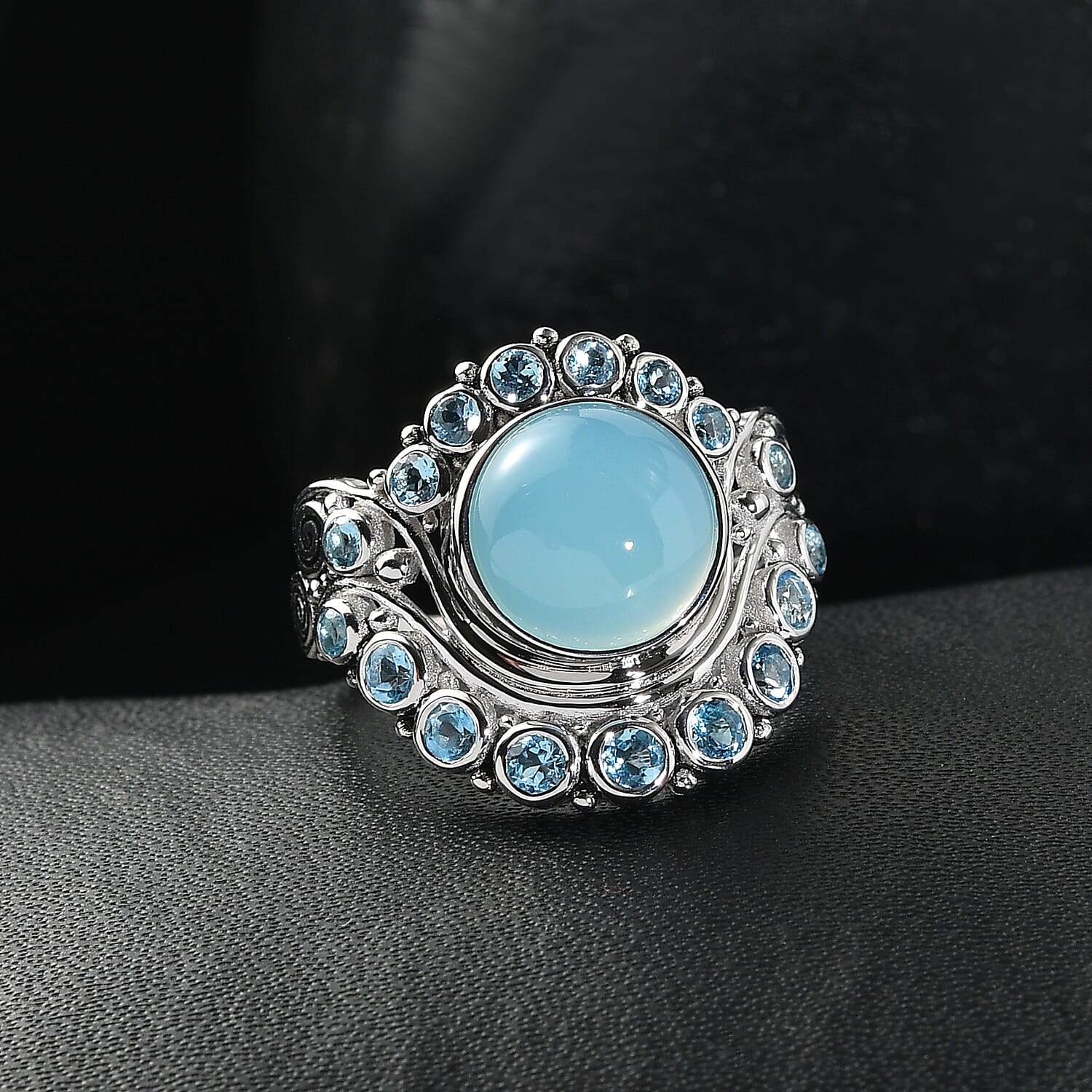 Sajen Silver Paraiba Agate and Swiss Blue Topaz 5.10 ctw Ring in Rhodium Over Sterling Silver (Size 6.0)