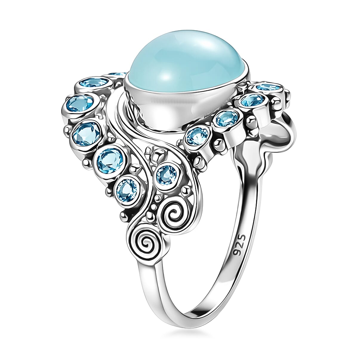 Sajen Silver Paraiba Agate and Swiss Blue Topaz 5.10 ctw Ring in Rhodium Over Sterling Silver (Size 6.0)