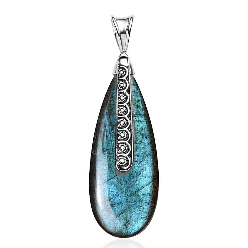 Sajen Silver Malagasy Labradorite 41.80 ctw Pendant without Chain in Rhodium Over Sterling Silver