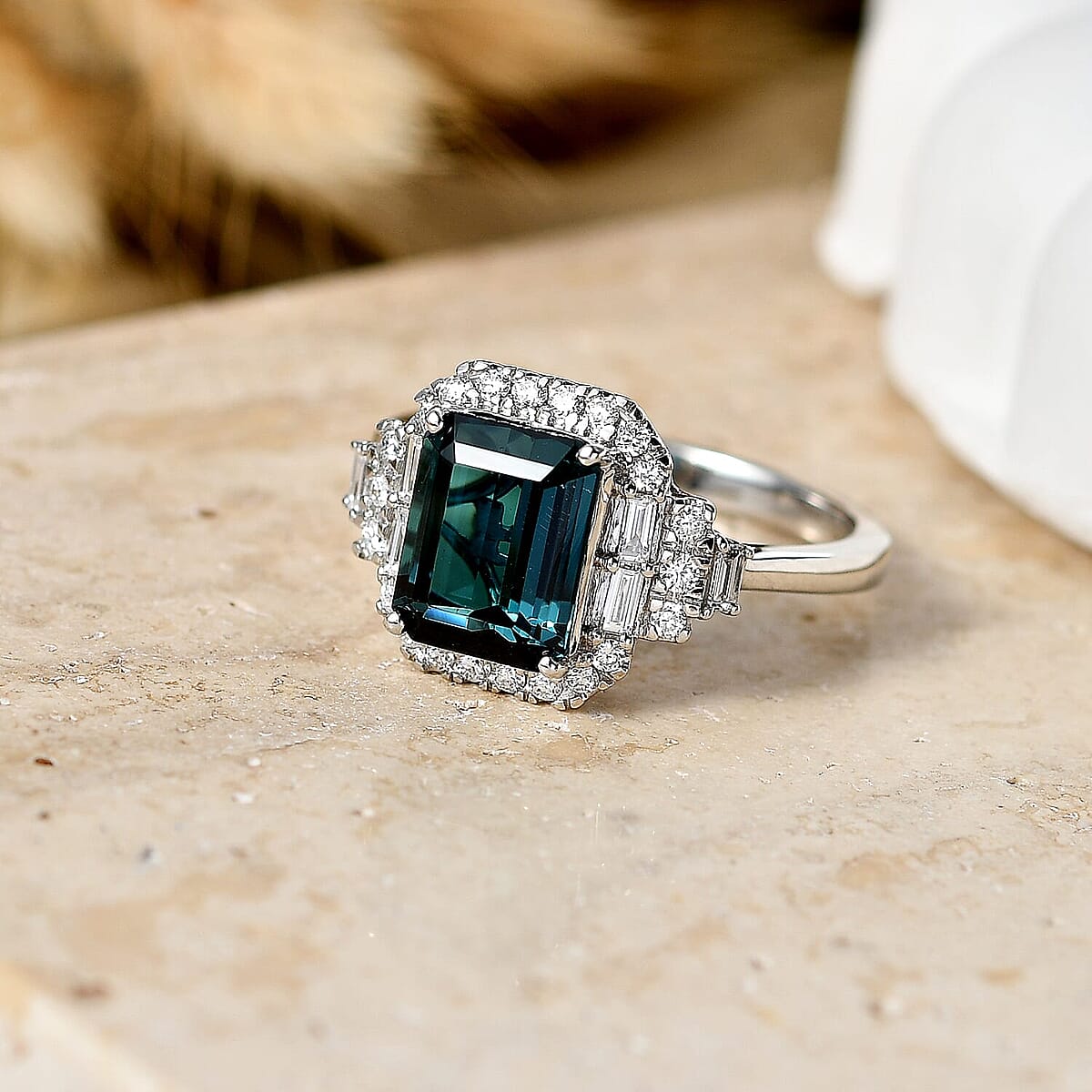 Certified & Appraised Rhapsody 950 Platinum AAAA Monte Belo Indicolite, Diamond (E-F, VS) (0.33 cts) Ring (Size 9.5) (5.51 g) 3.00 ctw image number 1