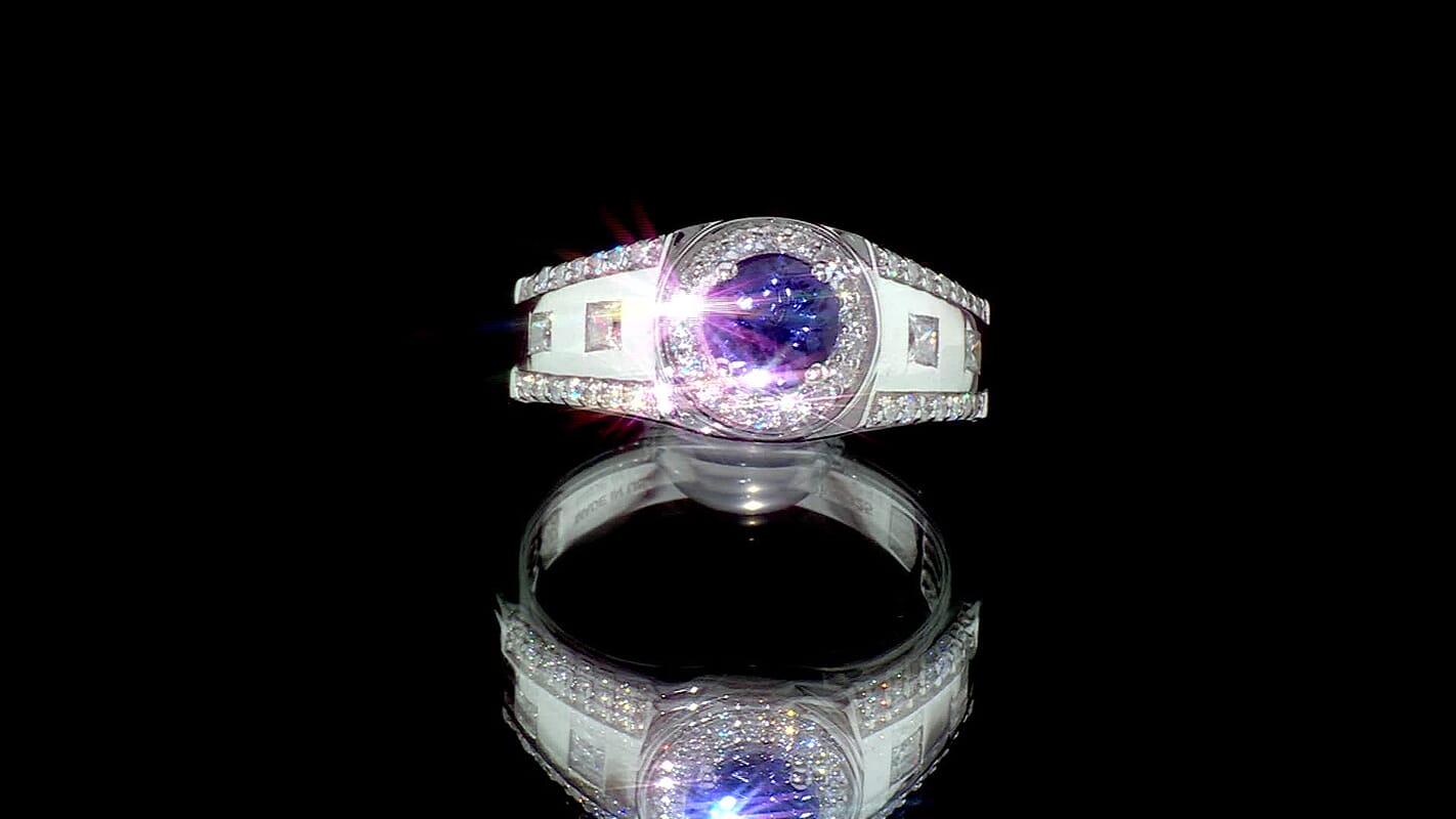 Certified & Appraised D'Joy Tanzanite, Moissanite Men's Ring in Rhodium Over Sterling Silver (Size 10.0) 1.90 ctw