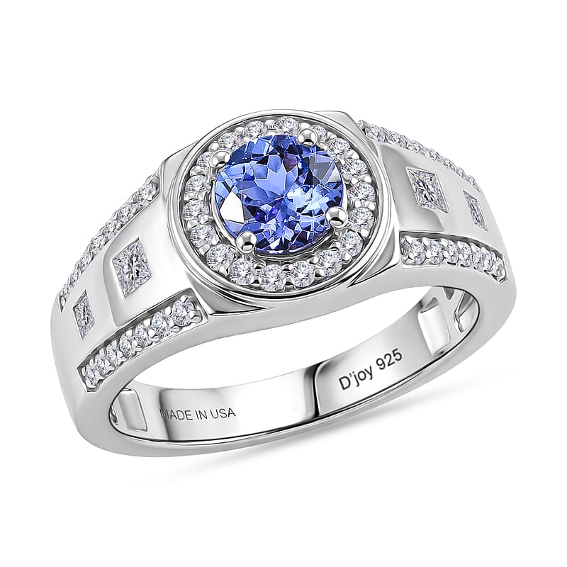 Certified & Appraised D'Joy Tanzanite and Moissanite 1.90 ctw Men's Ring in Rhodium Over Sterling Silver (Size 8.0)