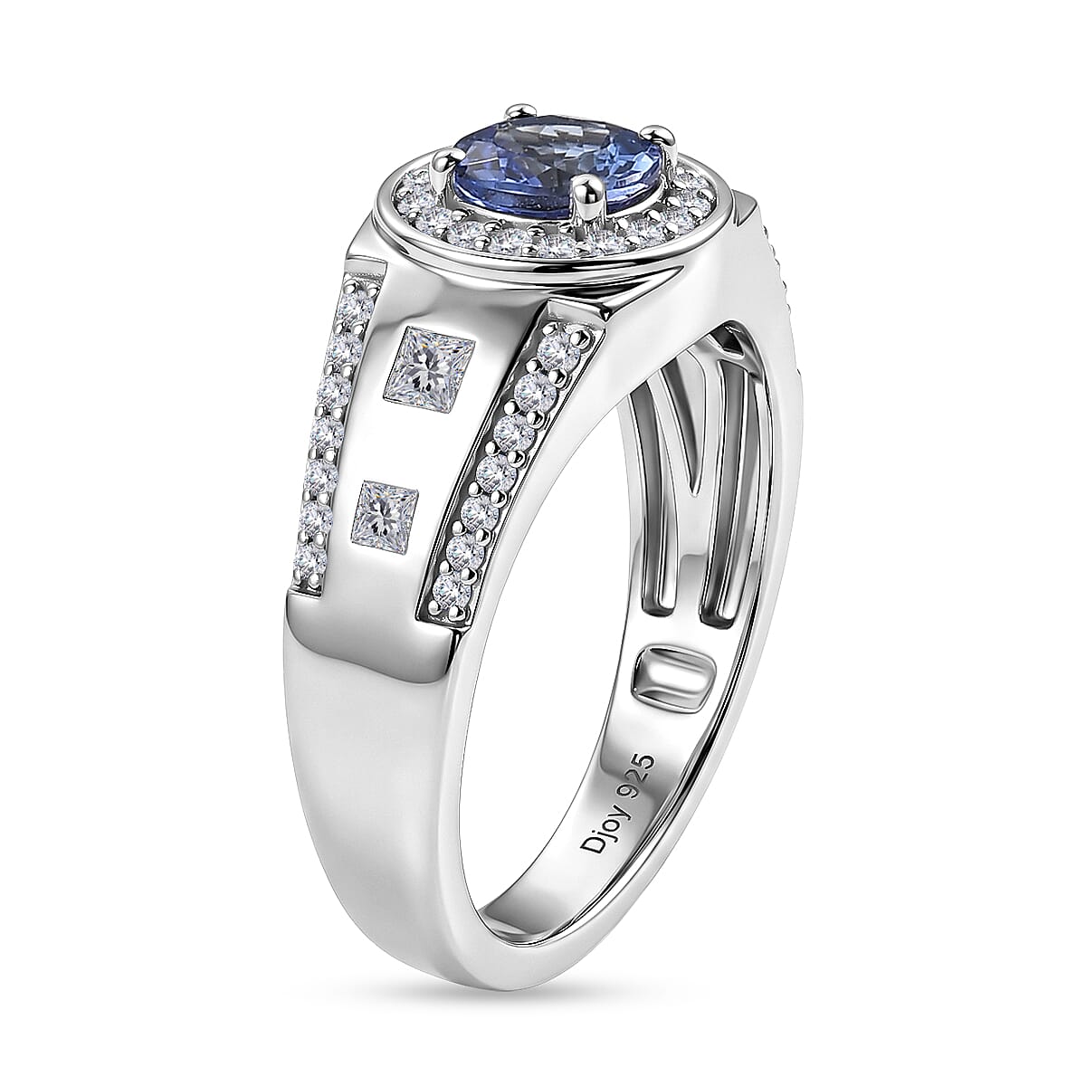 Certified & Appraised D'Joy Tanzanite and Moissanite 1.90 ctw Men's Ring in Rhodium Over Sterling Silver (Size 8.0)