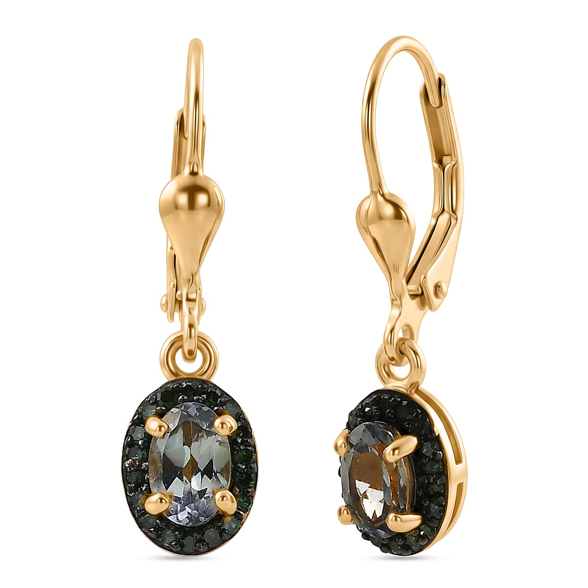 D'Joy Green Tanzanite and Green Diamond IR 1.10 ctw Earrings in 18K Vermeil Yellow Gold Over Sterling Silver