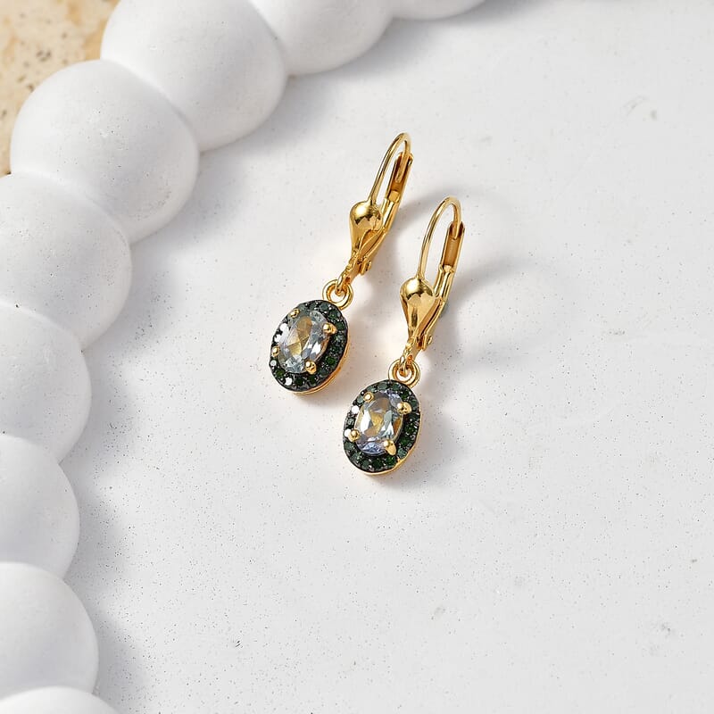 D'Joy Green Tanzanite and Green Diamond IR 1.10 ctw Earrings in 18K Vermeil Yellow Gold Over Sterling Silver