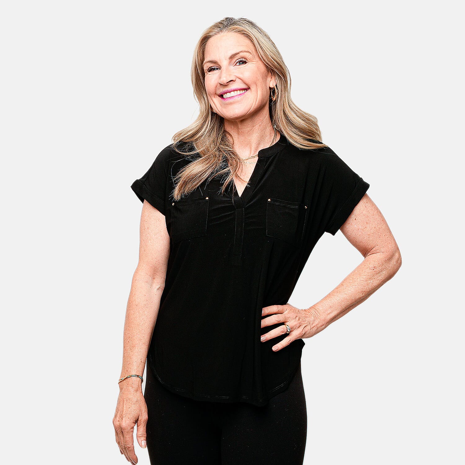 Joi De Vivre Black Knit Top With 2 Front Pockets-L