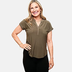 Joi De Vivre Olive Green Knit Top With 2 Front Pockets-S