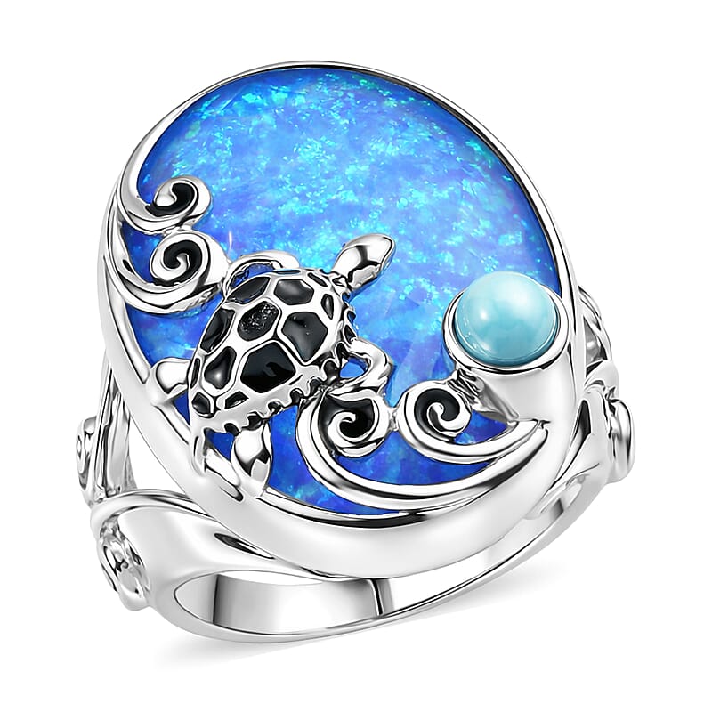 Sajen Silver Simulated Blue Opal Quartz Doublet and Larimar 19.00 ctw Ring in Rhodium Over Sterling Silver (Size 6.0)