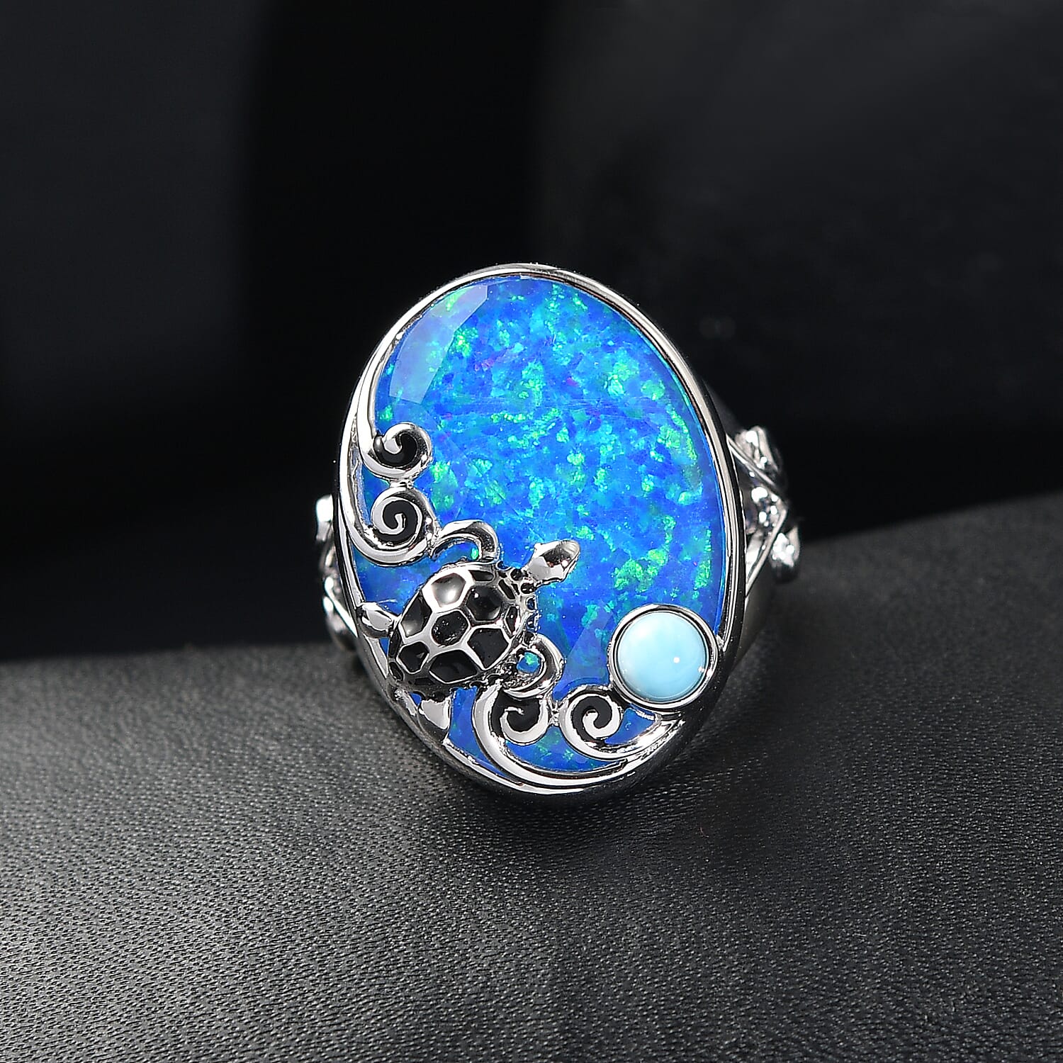 Sajen Silver Simulated Blue Opal Quartz Doublet and Larimar 19.00 ctw Ring in Rhodium Over Sterling Silver (Size 6.0)
