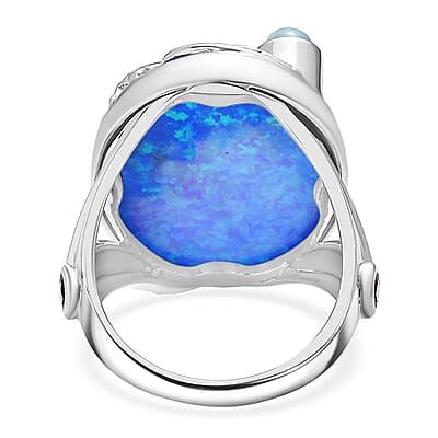Sajen Silver Simulated Blue Opal Quartz Doublet and Larimar 19.00 ctw Ring in Rhodium Over Sterling Silver (Size 6.0)