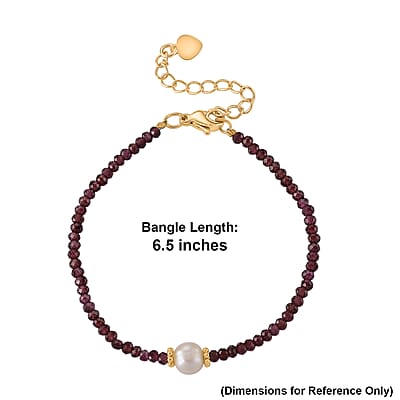 Red Garnet and Freshwater Pearl 2.00 ctw Strach Bracelet in Goldtone (6.5-8In)