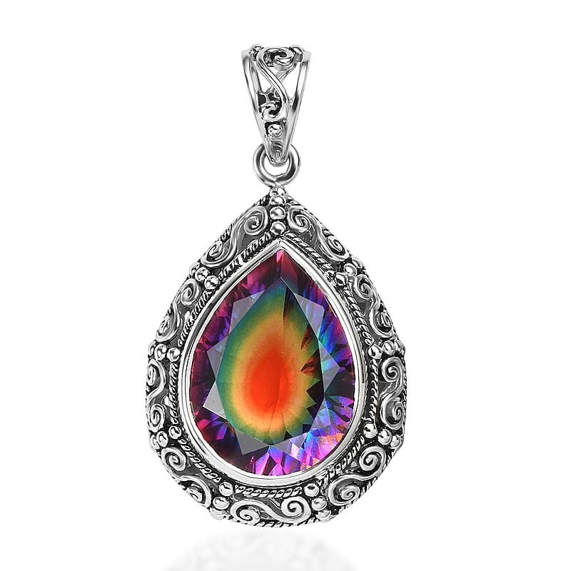Sajen Silver Celestial Starlight Quartz Doublet 15.70 ctw Pendant without Chain in Rhodium Over Sterling Silver