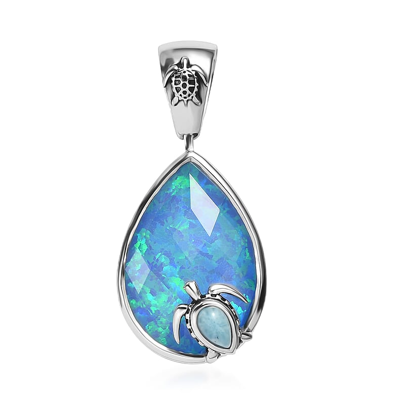 Sajen Silver Simulated Blue Opal Quartz Doublet and Larimar 9.30 ctw Pendant without Chain in Rhodium Over Sterling Silver