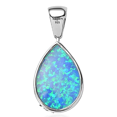 Sajen Silver Simulated Blue Opal Quartz Doublet and Larimar 9.30 ctw Pendant without Chain in Rhodium Over Sterling Silver