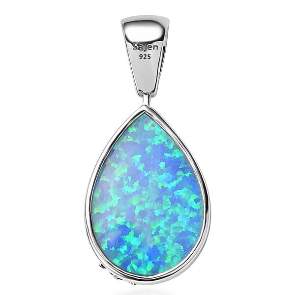 Sajen Silver Simulated Blue Opal Quartz Doublet and Larimar 9.30 ctw Pendant without Chain in Rhodium Over Sterling Silver