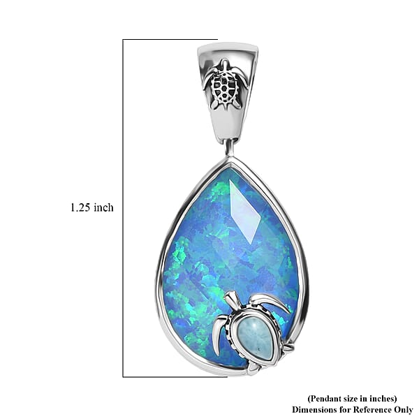 Sajen Silver Simulated Blue Opal Quartz Doublet and Larimar 9.30 ctw Pendant without Chain in Rhodium Over Sterling Silver