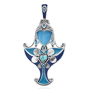 Sajen Silver Recon Turquoise and Multi Gemstone 10.15 ctw Pendant without Chain in Rhodium Over Sterling Silver
