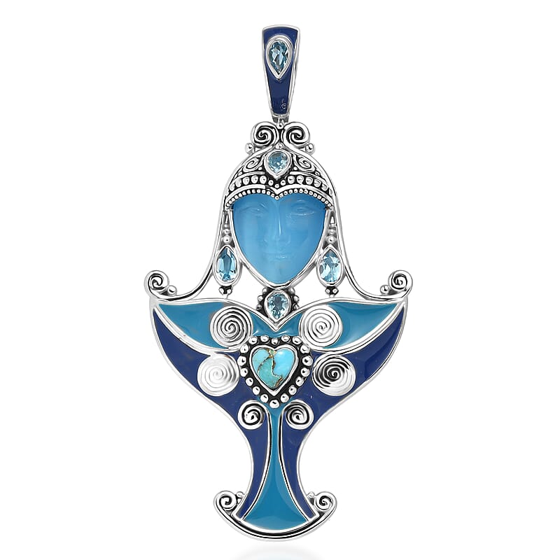 Sajen Silver Recon Turquoise and Multi Gemstone 10.15 ctw Pendant without Chain in Rhodium Over Sterling Silver