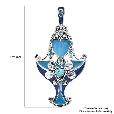 Sajen Silver Recon Turquoise and Multi Gemstone 10.15 ctw Pendant without Chain in Rhodium Over Sterling Silver