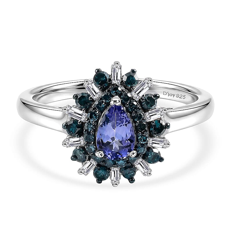 D'Joy Peacock Tanzanite, Blue Diamond and White Diamond (IR) 0.75 ctw Ring in Rhodium Over Sterling Silver (Size 6.5)