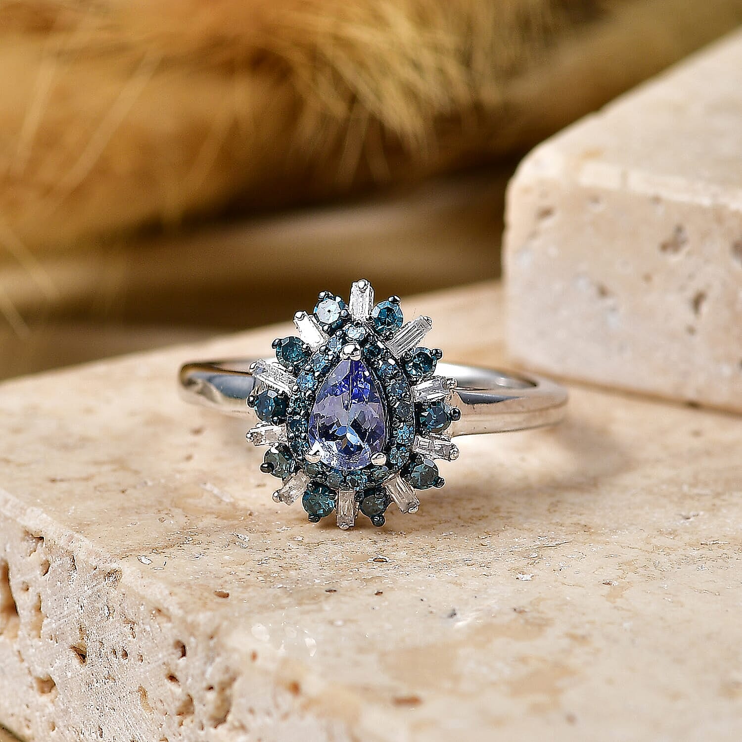 D'Joy Peacock Tanzanite, Blue Diamond and White Diamond (IR) 0.75 ctw Ring in Rhodium Over Sterling Silver (Size 6.5)