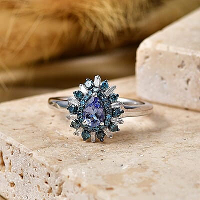 D'Joy Peacock Tanzanite, Blue Diamond and White Diamond (IR) 0.75 ctw Ring in Rhodium Over Sterling Silver (Size 6.5)