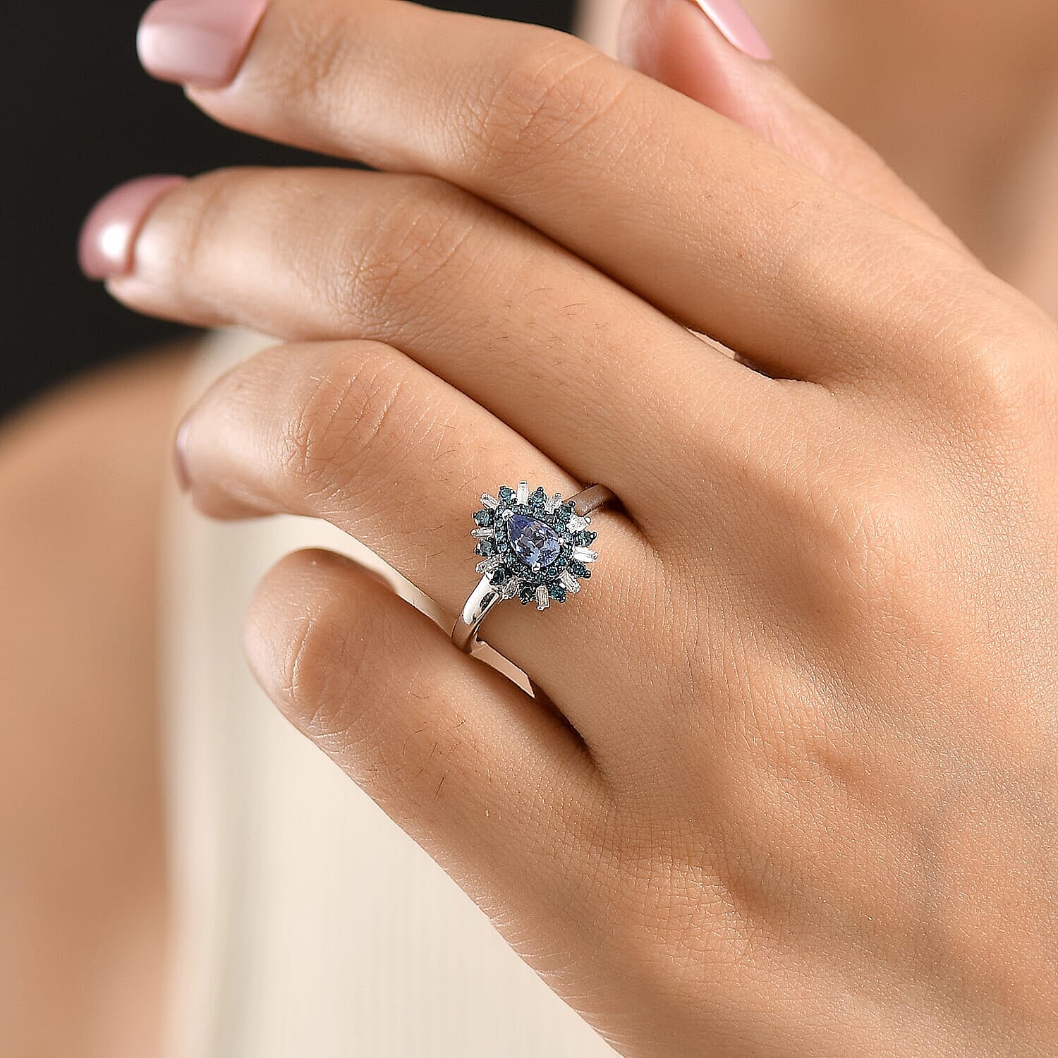 D'Joy Peacock Tanzanite, Blue Diamond and White Diamond (IR) 0.75 ctw Ring in Rhodium Over Sterling Silver (Size 6.5)