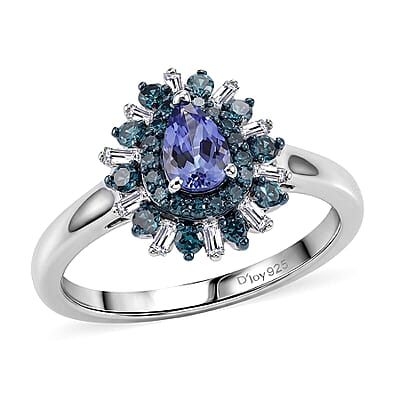 D'Joy Peacock Tanzanite, Blue Diamond and White Diamond (IR) 0.75 ctw Ring in Rhodium Over Sterling Silver (Size 6.5)