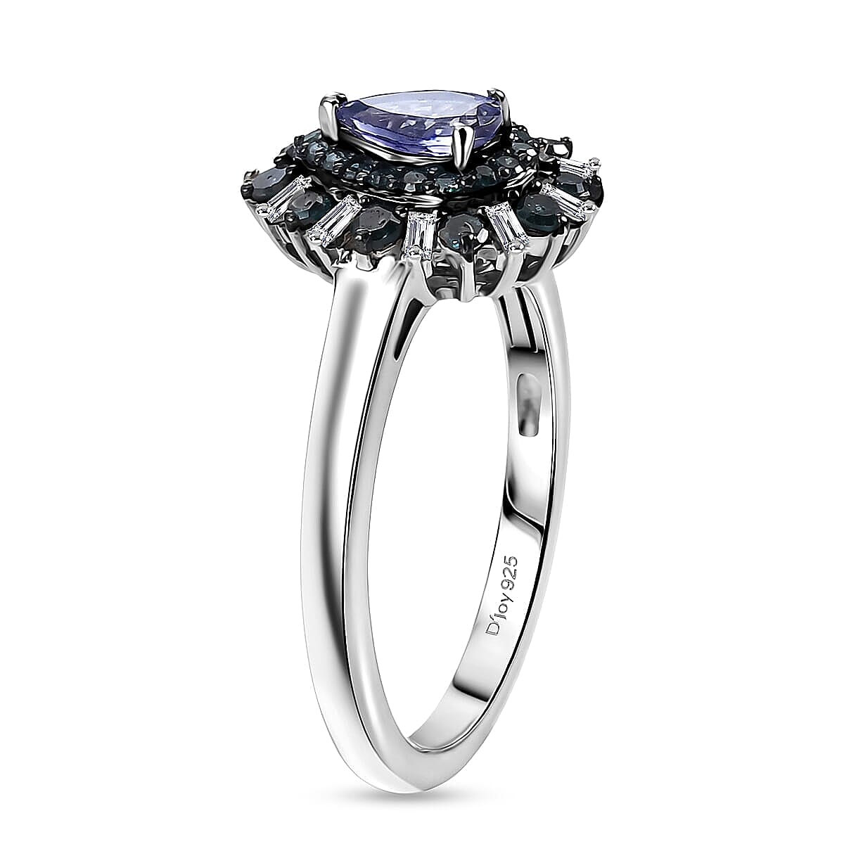 D'Joy Peacock Tanzanite, Blue Diamond and White Diamond (IR) 0.75 ctw Ring in Rhodium Over Sterling Silver (Size 6.5)