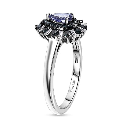 D'Joy Peacock Tanzanite, Blue Diamond and White Diamond (IR) 0.75 ctw Ring in Rhodium Over Sterling Silver (Size 6.5)