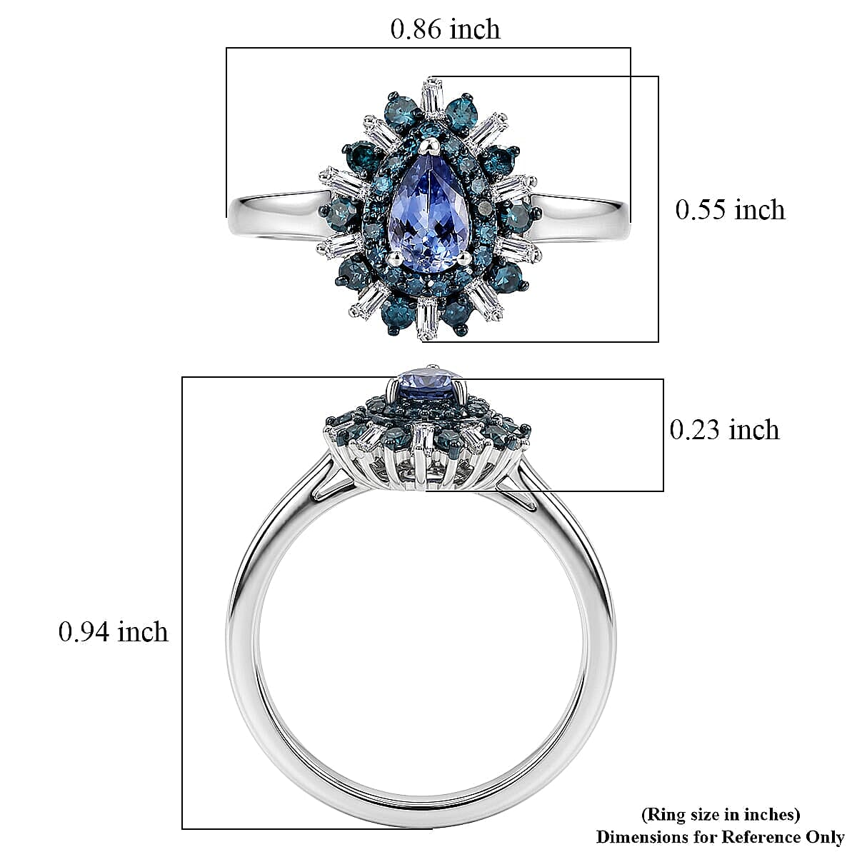 D'Joy Peacock Tanzanite, Blue Diamond and White Diamond (IR) 0.75 ctw Ring in Rhodium Over Sterling Silver (Size 6.5)