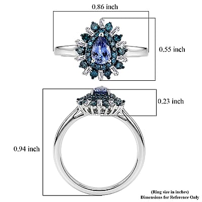D'Joy Peacock Tanzanite, Blue Diamond and White Diamond (IR) 0.75 ctw Ring in Rhodium Over Sterling Silver (Size 6.5)