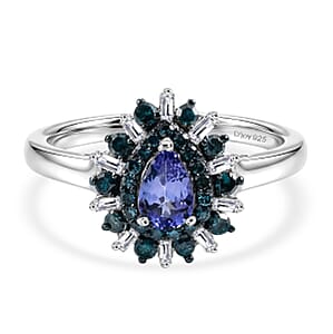 D'Joy Peacock Tanzanite, Blue and White Diamond IR 0.75 ctw Ring in Rhodium Over Sterling Silver (Size 8.0)