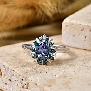 D'Joy Peacock Tanzanite, Blue and White Diamond IR 0.75 ctw Ring in Rhodium Over Sterling Silver (Size 8.0)