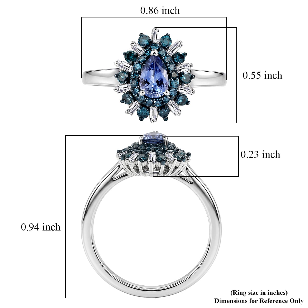 D'Joy Peacock Tanzanite, Blue and White Diamond IR 0.75 ctw Ring in Rhodium Over Sterling Silver (Size 8.0) image number 6