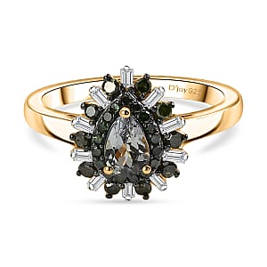 D'Joy Peacock Tanzanite, Green and White Diamond IR 0.75 ctw Ring in 18K Vermeil Yellow Gold Over Sterling Silver (Size 8.0)