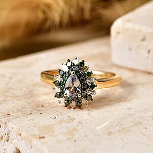 D'Joy Peacock Tanzanite, Green and White Diamond IR 0.75 ctw Ring in 18K Vermeil Yellow Gold Over Sterling Silver (Size 8.0)