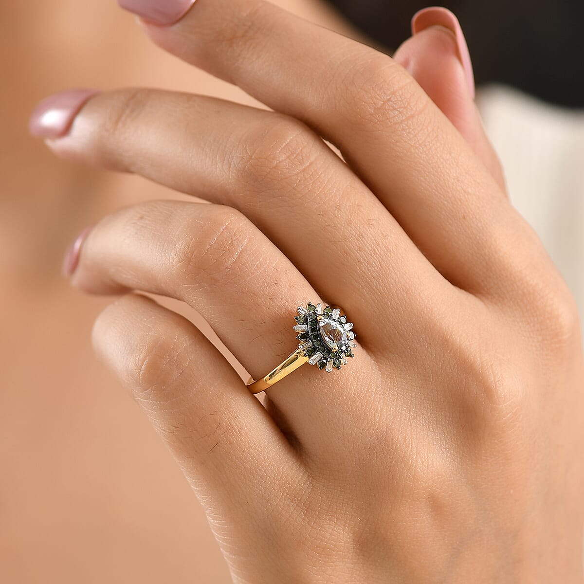 D'Joy Peacock Tanzanite, Green and White Diamond IR 0.75 ctw Ring in 18K Vermeil Yellow Gold Over Sterling Silver (Size 8.0) image number 2