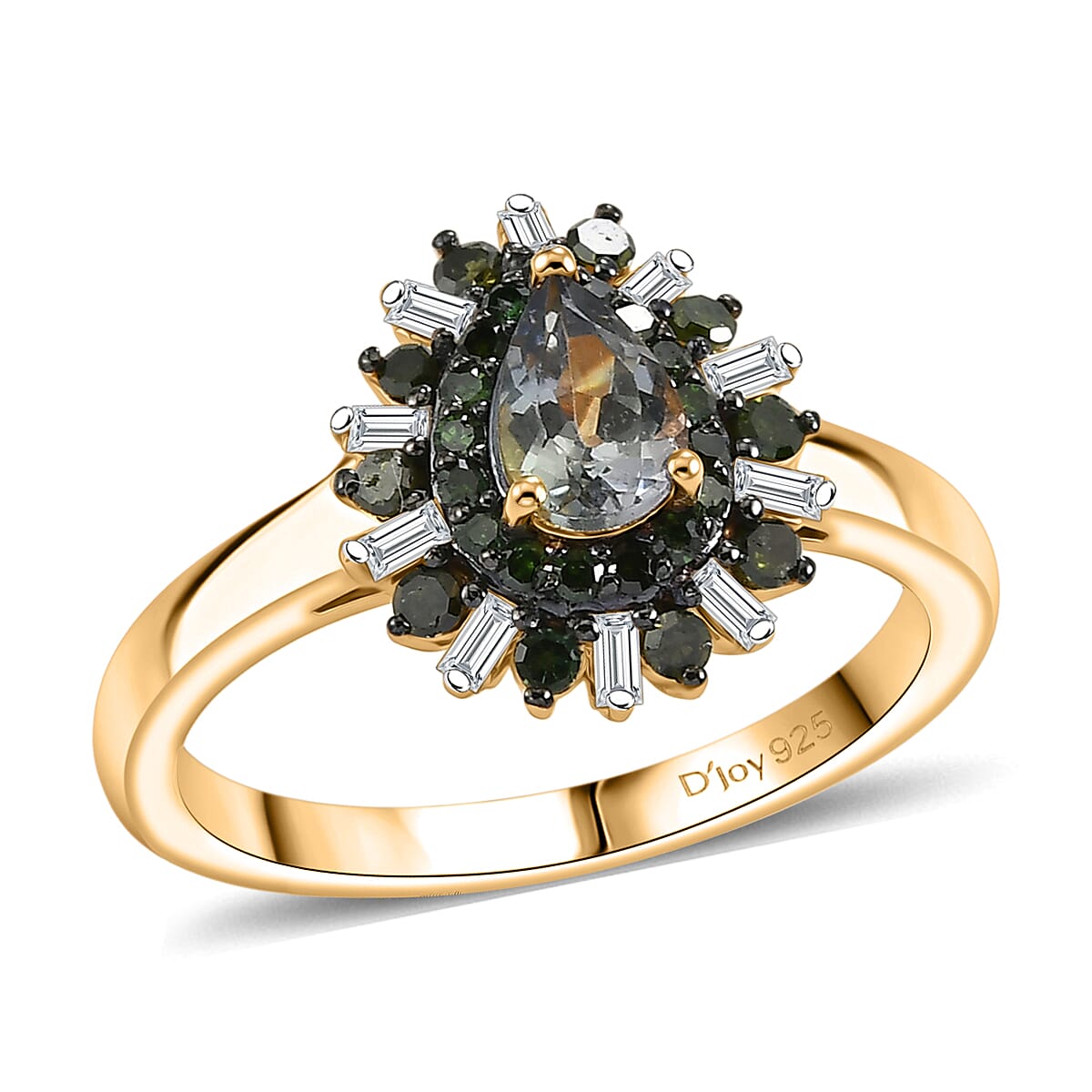 D'Joy Peacock Tanzanite, Green and White Diamond IR 0.75 ctw Ring in 18K Vermeil Yellow Gold Over Sterling Silver (Size 8.0) image number 3